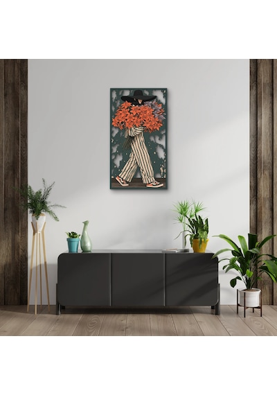 Çiçek Kucaklayan Şapkalı Kadın - Metal Tablo - Dec0388 71 X 125 Cm Çok Renkli