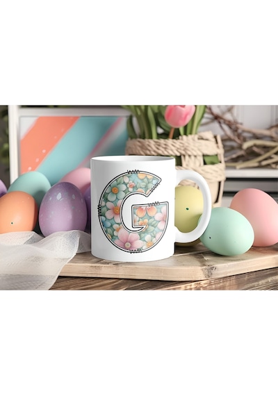 G Harfli Pastel Çiçek Desenli Kahve Kupası - Kişiye Özel Çiçekler Koleksiyonu Bardak - Hediye Beyaz