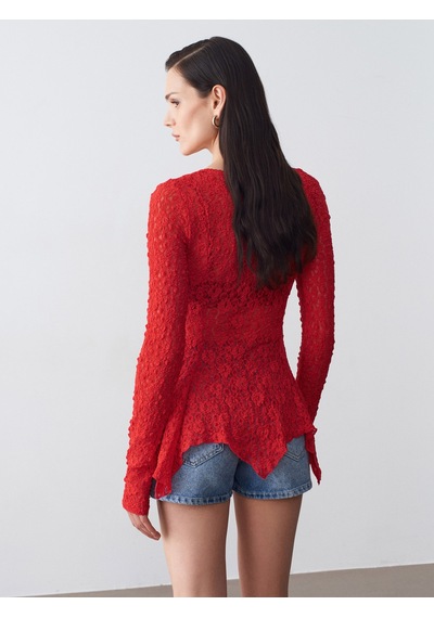 Dilvin 60433 Düğmeli Peplum Dantel Hırka-kırmızı