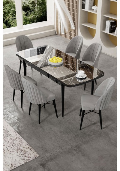 Canisa Gale Serisi 80x132 Açılabilir Lak Panel Siyah Mermer Desen Mutfak Masa Takımı 6 Gri Sandalye Masa Siyah Mermer Desen Sandalye Gri Canisa Gale Serisi 80x132 Açılabilir Lak Panel Siyah Mermer Desen Mutfak Masa Takımı 6 Gri Sandalye Masa Siyah Mermer Desen Sandalye Gri