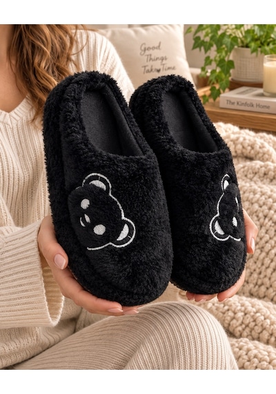Modafrato Fluffy Ayıcık Desenli Kadın Ev Terliği Kışlık Yünlü Terlik Ses Yapmayan İçi Yünlü Günlük Rahat Terlik Siyah - Beyaz Modafrato Fluffy Ayıcık Desenli Kadın Ev Terliği Kışlık Yünlü Terlik Ses Yapmayan İçi Yünlü Günlük Rahat Terlik Siyah - Beyaz