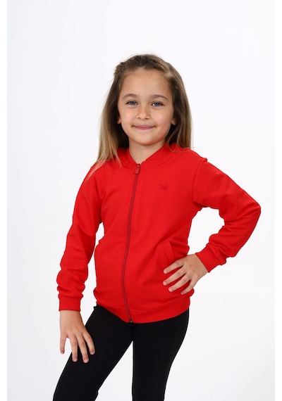 Toontoy Kız Çocuk Kolej Yaka Fermuarlı Cepli Yarım Düşük Omuz Nakış Baskılı Örme Hırka - 2 İplik Kırmızı
