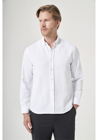 İmza Beyaz Düğmeli Yaka Uzun Kol Cepsiz Slim Fit Pamuklu Gömlek 1004260203