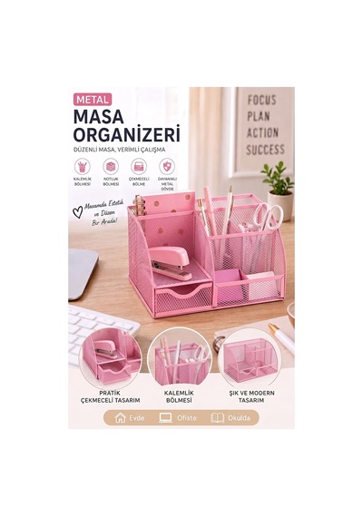Pembe Masaüstü Metal Kalemlik Seti 7 Bölmeli Fileli Masa Üstü Düzenleyici Küp Notluk Ataşlık Çekmeceli Perfore Büro Açık Pembe