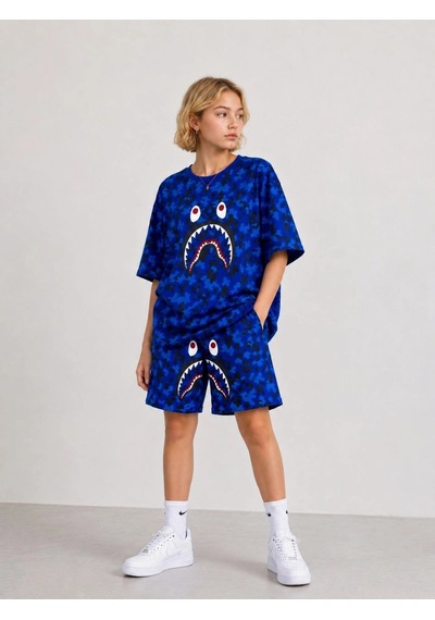 Wear Vexel Kız Çocuk Oversize Kalıp Pubg Bape X Shark Nakışlı Cepli Şort Takım - Mavi Çok Renkli