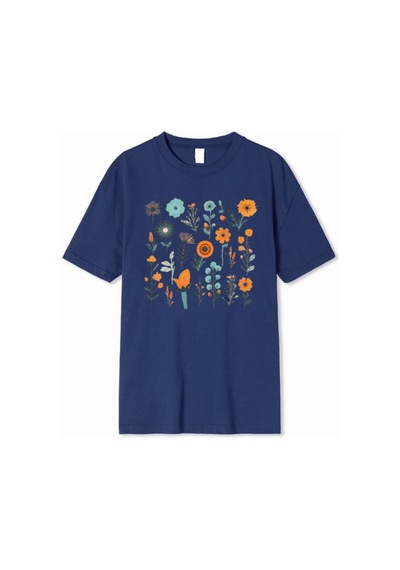 Medinenur Çiçek Baskılı Unisex Tshirt Lacivert