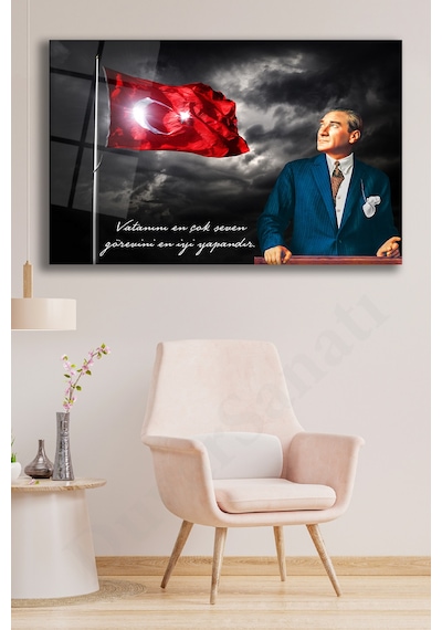 Atatürk Vatanını En Çok Seven Cam Tablo Evlika , Modern Ev İş Ofis Salon Duvar Dekoru , Hediyelik Tablo