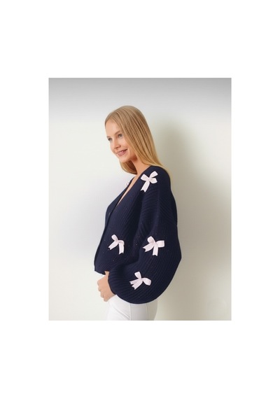 Flex Fashıon Kadın Oversize Fiyonk Detaylı Kurdaleli Yumoş Triko Hırka Lacivert - 708830991 Lacivert - 708830991 Lacivert
