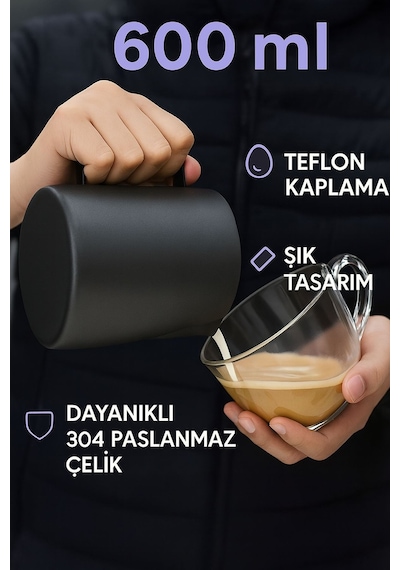 304 Çelik 600 Ml Siyah Teflon Kaplama Kahve Süt Köpürtme Potu Sütlük Pitcher