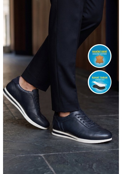 Komcero Kauçuk Tabanlı Bağcıklı Sneaker Lacivert Hakiki Deri Erkek Casual Ayakkabı Hz1003-7811