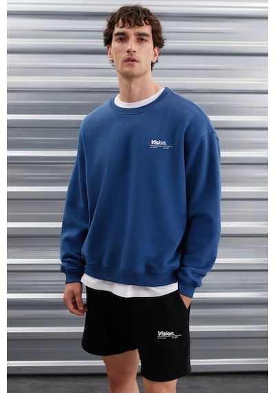 Grimelange Ernest Erkek Yumuşacık Kumaşlı Oversize Fit Yuvarlak Yakalı Baskılı Mavi Sweatshirt