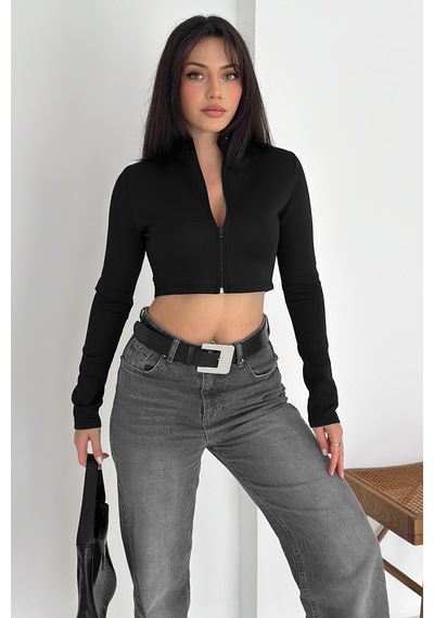 Kadın Fermuarlı Crop Ceket Dinamik & Modern Stil Siyah