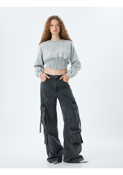 Koton Crop Sweat Korse Detaylı Bisiklet Yaka Yıkamalı Slim Fit Gri 5wal10177ık Gri