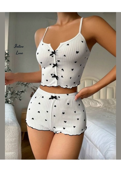 Intive Comfort Kalp Desenli V Yaka İnce Askılı Mini Şortlu Büstiy Beyaz