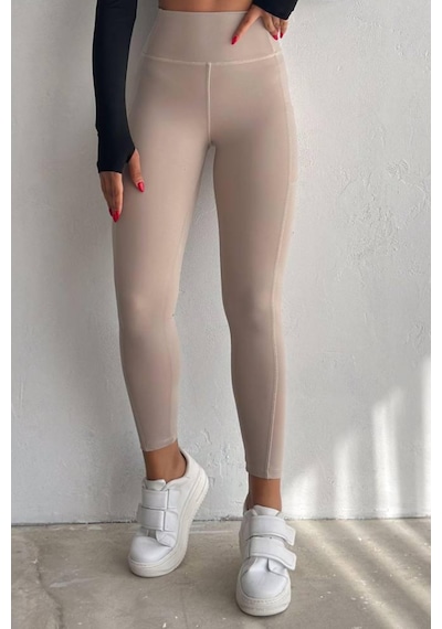 Balenbi Haute Kadın Yüksek Bel Toparlayıcı Çift Cepli Leggings Fitness Tayt 1092 Bej