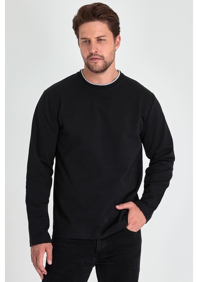 MMetalic MTLCE68 Çift Bisiklet Yaka Standart Rahat Kesim Erkek Sweatshirt - Siyah