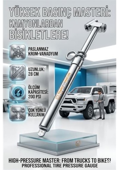 200 Psı Profesyonel Metal Kalem Tipi Lastik Basınç Ölçer - Kamyon Ve Otobüs Uyumlu 723154