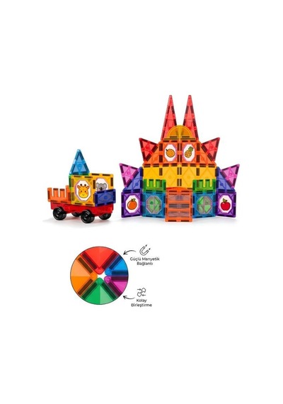 Kzl Kids Home Renkli Manyetik Yapı Blokları Ve Araç Seti 7.5 Cm 59 Parça 188m81