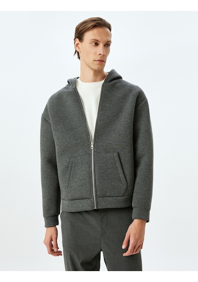 Koton Kanguru Cepli Viskon Karışımlı Basic Fermuarlı Kapşonlu Sweatshirt Antrasit 5wam70195mk Antrasit