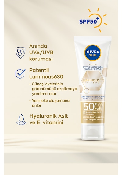 Luminous630 Leke Karşıtı Güneş Koruyucu Yüz Kremi 40ml, Spf50, Hyalüronik Asit, E Vitamini, Uva/uvb
