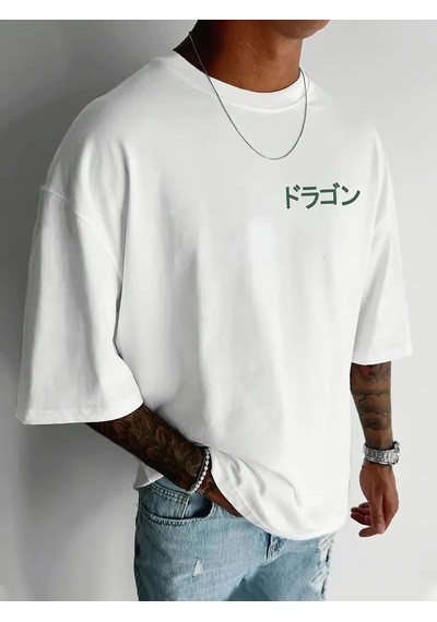 Erkek Tişört Penye Compack Ejder Baskılı Bisiklet Yaka T-shirt - Beyaz