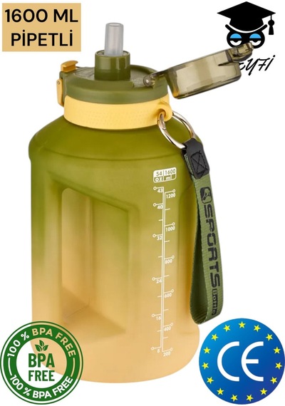 1600 Ml Çift Renk Pipetli Taşıma Askılı Ve Kulplu Motivasyon Su Matarası Vagonlife 2307 001