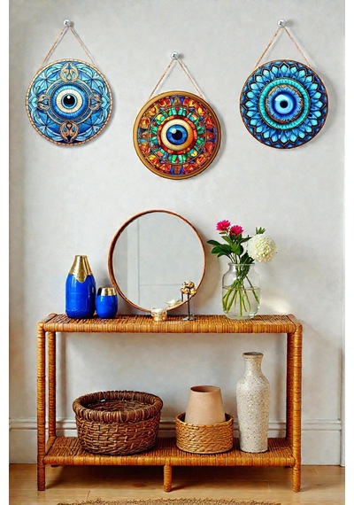 Nazar Boncuğu Kristal Mdf İpli Tablo Seti, 3 Lü Modern Duvar Dekoru, Salon, Oturma Odası, Ev İçin