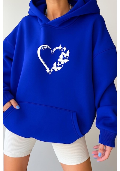 Benroma 3 İplik Penye Kalp Unisex Kapüşonlu Sweat Saks Mavisi