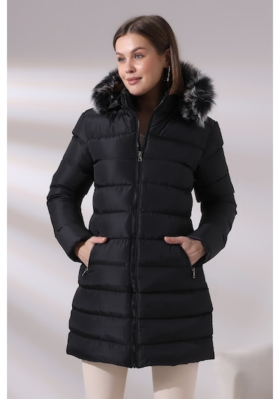 Tals Moda Siyah Renk Kapişonlu Peluşlu Kadın Montu Siyah