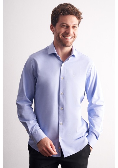 İmza Mavi Yarım İtalyan Yaka Uzun Kol Premium Slim Fit %100 Pamuk Gömlek 1004255194 Mavi