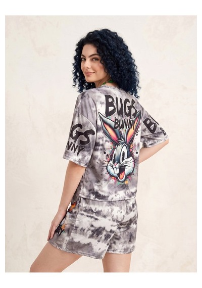 Orvelia Kadın Gri Batik Desenli Bugs Bunny Baskılı Oversize Şortlu İkili Takım