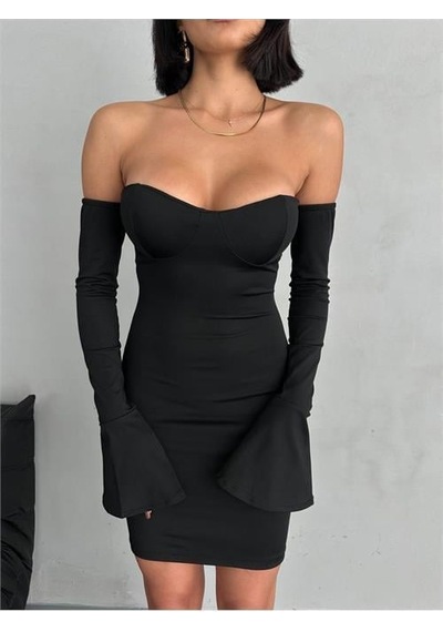 Dip Moda Kadın Siyah Volanlı Mini Kol Fırfırlı Elbise Dpnbdf094 Siyah