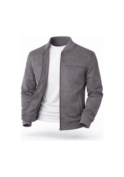 Premium Slim Fit Bomber Kolej Deri Ceket Gri