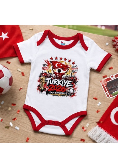Bk Gift Türkiye Taraftar Temalı 2026 Dünya Kupası Tasarımlı Kırmızı Bebek Body Zıbın-4 Tek Yürek Milli Takım Ruhu