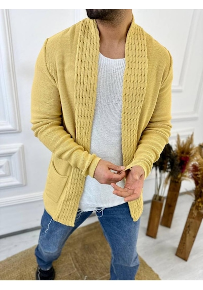 Elku Moda Hırka Örgülü Şal Yaka Cepli Tüylenmez Örgü Triko Hırka Sarı