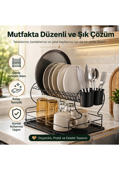 Alper Banyo 2 Katlı Siyah Bulaşıklık Ve Tabaklık, Geniş Kapasitel