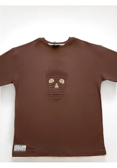 Carinos Çocuk Pamuklu Oversize Kuru Kafa Desenli Tshirt-14618 Kahverengi