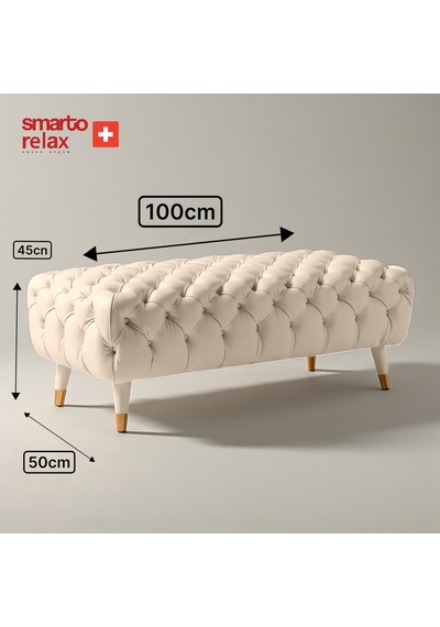 Smarto Relax Swiss Style Puf Adelboden Kapitone Puf,baby Face Polyester Kaplama,ahşap Ayaklı 100 X 50 X45 Cm Kapitone Puf,ayaklı Bej