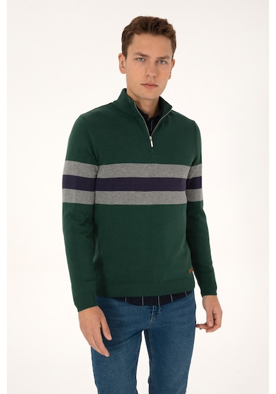 U.S. Polo Assn. Erkek Regular Fit Yarım Fermuarlı Koyu Yeşil Kazak 50315034-VR079