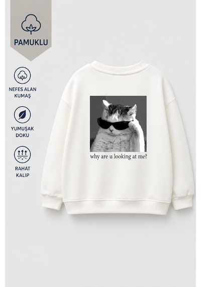 Monila Unisex Çocuk 3 İplik Kumaş Pamuklu Sırt Baskılı Sweatshirt Ekru
