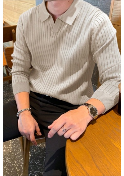 Cool Tarz Erkek Polo Yaka Triko Kazak Slim Fit Fitilli Bej