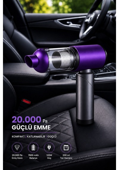 20.000 Pa Kablosuz Araç Süpürgesi 120w Güçlü Emiş 7800 Mah Şarjlı El Süpürgesi 8 Başlıklı Hepa Filtreli Mini Vakum Mor