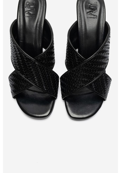 Luvi Shoes Lavean Siyah Örgü Çapraz Bantlı Kadın Dolgu Topuklu Terlik