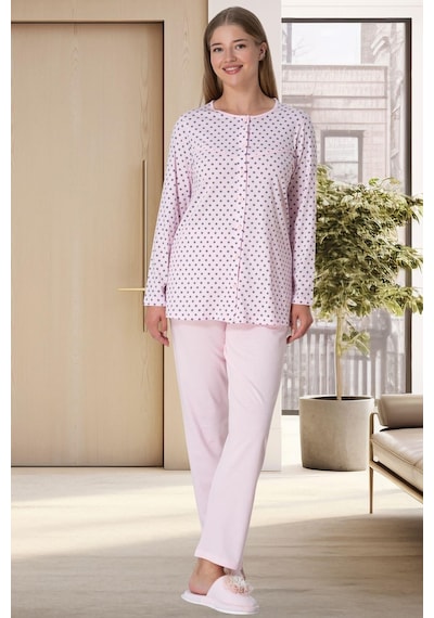 Lohusa Sepeti Lohusasepeti Puantiyeli Büyük Beden Önden Düğmeli Lohusa Pijama Takımı Pembe - 5918 001