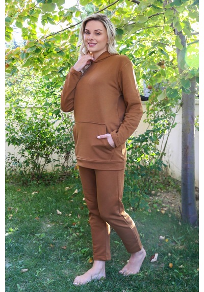 İbrahim Burak Etiler Collectıon Moda Çizgi Kadın Pamuk Kapşonlu Cepli 3 İplik Kahve Eşofman Takım 9037