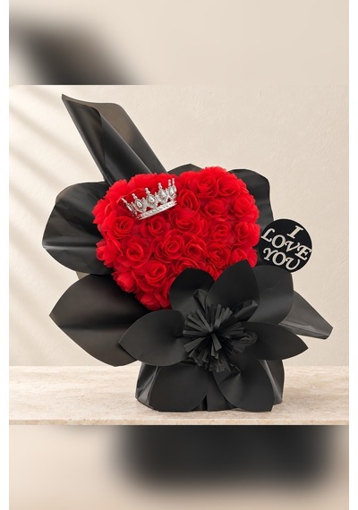 Couronne D'amour Kırmızı Saten Gül Kalp Buket Gümüş Taçlı I Love You - El Yapımı Yapay Çiçek Kırmızı Siyah