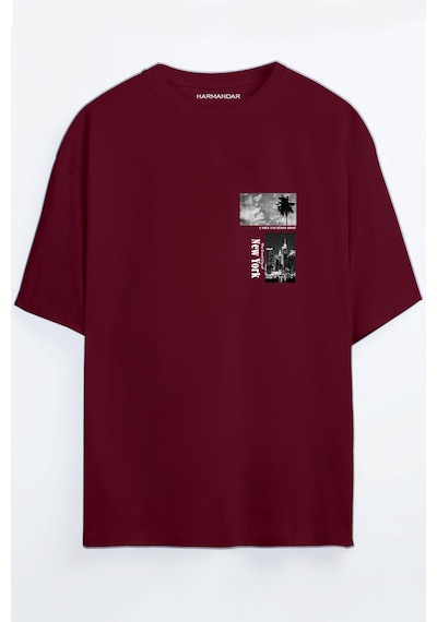 New York Baskılı Bordo - Mavi Oversize T-shirt Bordo