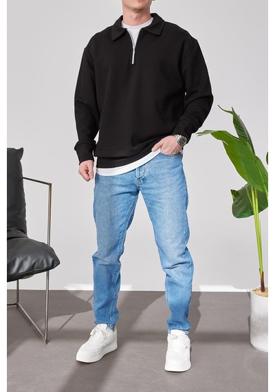 Prtnc Protonic Erkek Polo Yaka Oversize Siyah Sweatshirt Yarım Fermuar Sweatshirt Siyah