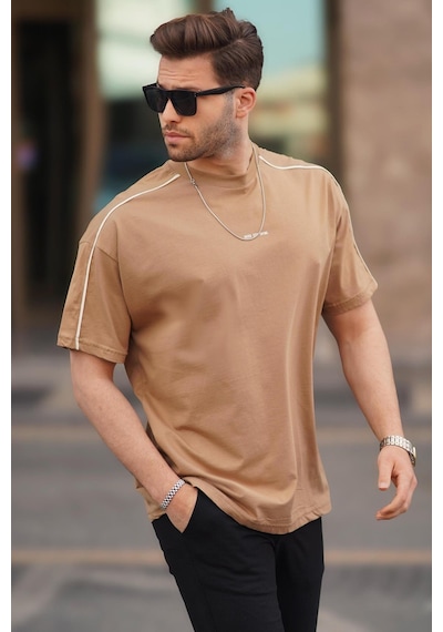 Madmext Camel Oversize Bisiklet Yaka Tişört 7009-camel Camel