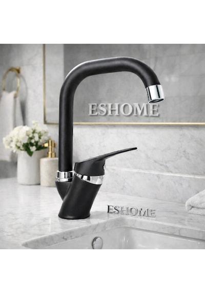 Köşe Borulu Siyah Banyo Lavabo Bataryası Musluğu Siyah